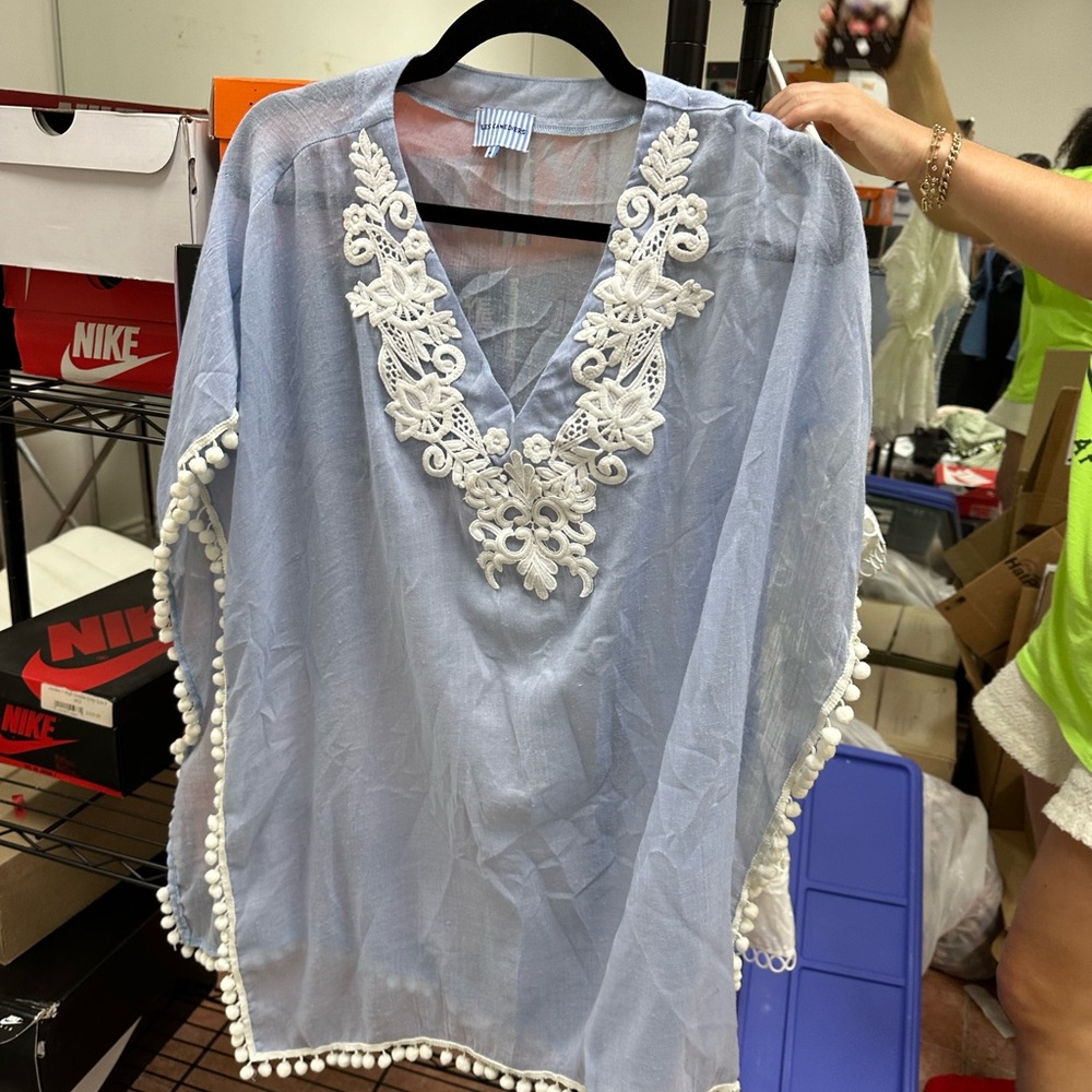 Chic Light Blue Women's Swim Coverup with White Embroidery